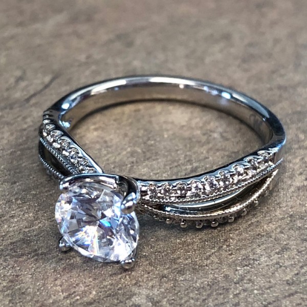 14K White Gold Split Shank Diamond Accent Engagement Ring